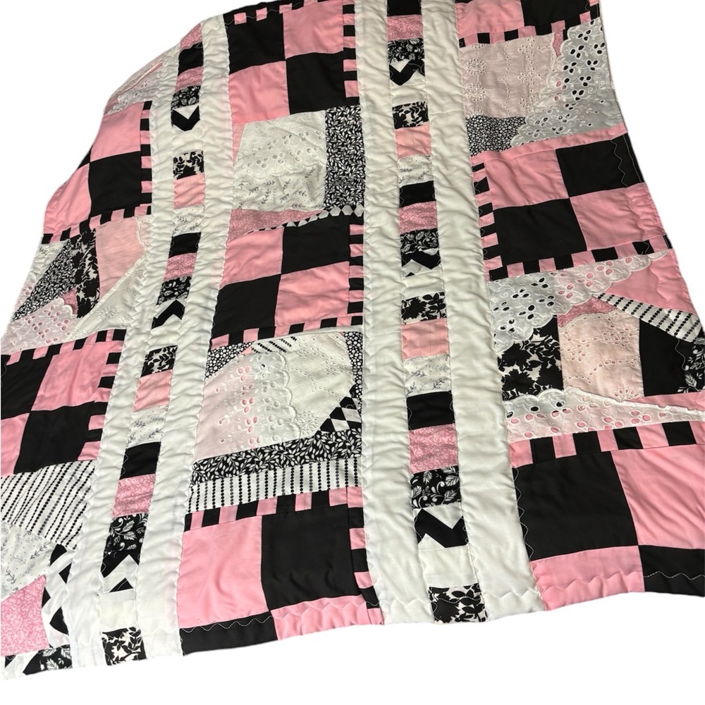Baby or lap quilt. 36”x39” approx. pink white black and lace - Picture 14 of 14